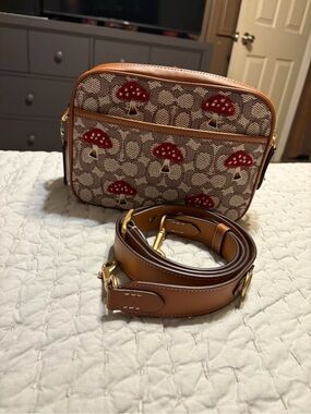 Coach Red Mushroom Signature Jacquard Crossbody with Tan Leather Trim